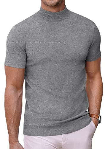 COOFANDY T-Shirt Herren Rollkragen Männer Kurzarm Shirt Strickpullover Shirs Halb Kragen Strickshirt Pullover Grau M