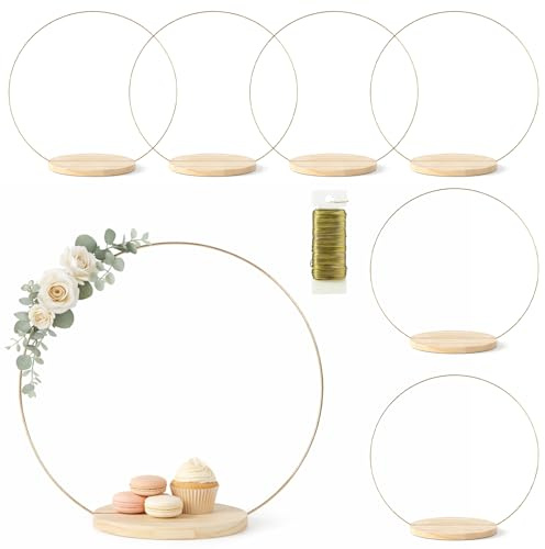 6 Pack Floral Hoop Centerpieces with Stand 14 Metal Rings Craft DIY Centerpiece Table Decoration with Wooden Cake Stand for Wedding Birthday Party Cake Holder Gold
