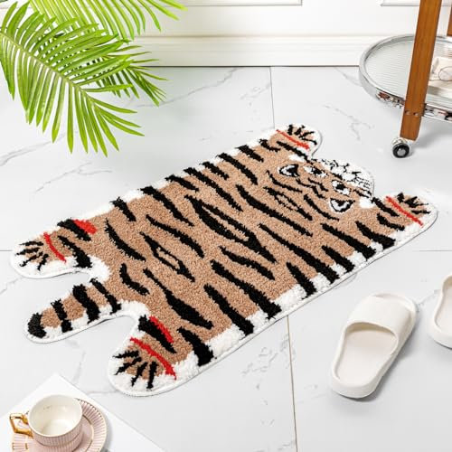 Niedlicher Tiger-Badematte für Badezimmer, lustig, braun, Tigerform, rutschfest, saugfähig, Cartoon-Tier-Dekor, Plüsch-Badewannenteppich für Dusche, Waschbecken, 40 x 90 cm