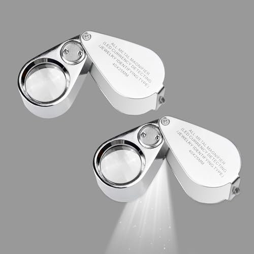 40X beleuchtetes Juwelier-LED-UV-Lupen-Mikroskop mit Metallkonstruktion und optischem Glas, mit Kare and Kind Einzelhandelsverpackung (40X x 25 mm, Silber) - 2 Stück