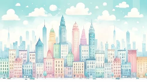 UNIK Nordic Vliestapete, BxH 450x250 cm, Stadt Aquarell, Tapete bunte Häuser, Fototapete Baby- und Kinderzimmer, XXL Kindertapete in hellen Pastell Farben, Skyline City Motiv, Made in Germany