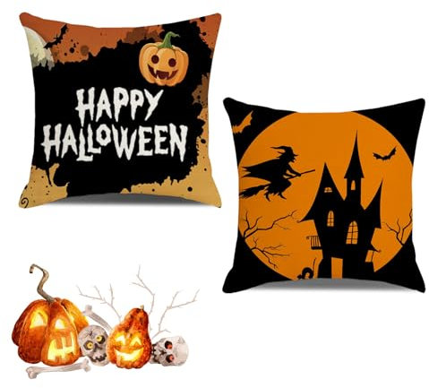 Fundas de Almohada de Halloween,45x45cm Halloween Funda de Almohada,Fundas de Cojín de Halloween,Halloween Funda de cojín de Lino,Adecuado para Hogar,Jardín,Sofá,Decoración de Halloween,2 Piezas
