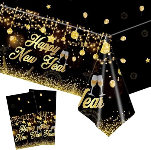 2Stk Silvester Deko Tischdecke, Happy New Year Tischdecke, Neujahr Deko Plastik Tischdecken Wasserdicht Schwarz Gold Tischdecken Silvester 2026 Neujahr Partydeko Zubehör, 137cm*274cm