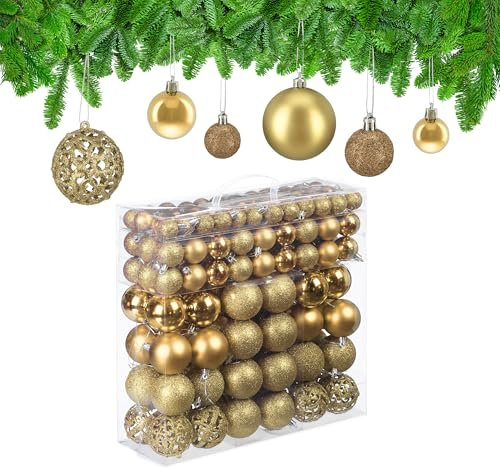 Relaxdays Weihnachtskugeln im 150er Set, glitzernde, matte & glänzende Christbaumkugeln, Kunststoff, ∅ 3, 4 & 6 cm, gold