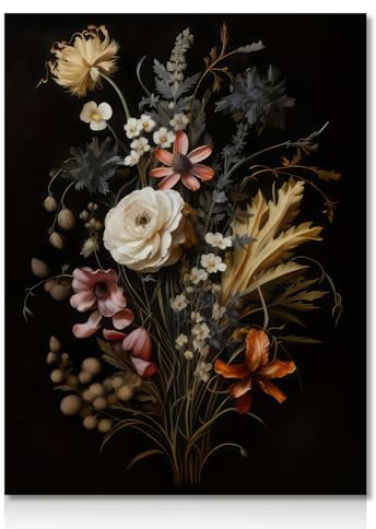 Dazzlewall Vintage Blumen Wandbilder Schwarze Botanische Leinwand Bilder Moody Poster Dunkel Academia Ästhetische für Schlafzimmer Wohnzimmer 30×40 cm Ungerahmt