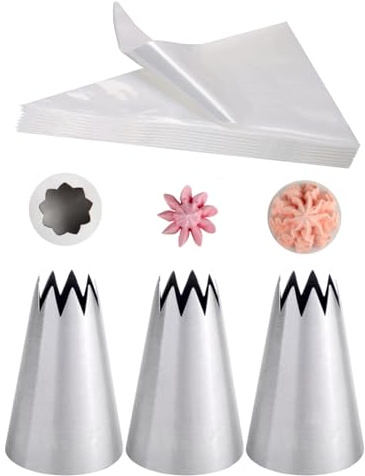 Extra Large Piping Bags and Nozzles,Churros, Eclairs, Meringues Open Star Icing Nozzle & 20 Piping Bags Disposable - 18 inch Thick for Pastry Decorating