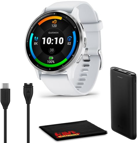 Garmin Venu 3 Montre intelligente GPS avec tracker d'activité et de santé, autonomie de 14 jours avec lunette en acier inoxydable argenté, boîtier en pierre blanche de 45 mm et bracelet en silicone