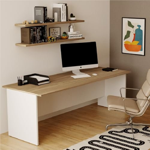 Linea Azzurra Scrivania Ufficio, Tavolo da Lavoro per Ufficio e Soggiorno Scrivania Computer Elegante e Facile da Montare H 74 x L 200 x P 80 Made in Italy (Noce Naturale)