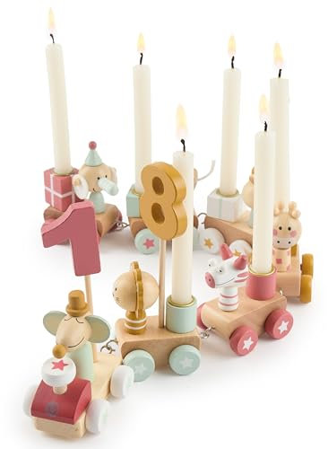 Bieco Geburtstagszug Holz - Berry Look 0-99 Jahre mit 6 Kerzen - Tischdeko Kindergeburtstag Kerzen Geburtstag Zug Geburtstagszug Mädchen Geburtstagskranz Geburtstagskerzen Zug Geburtstagsring Deko