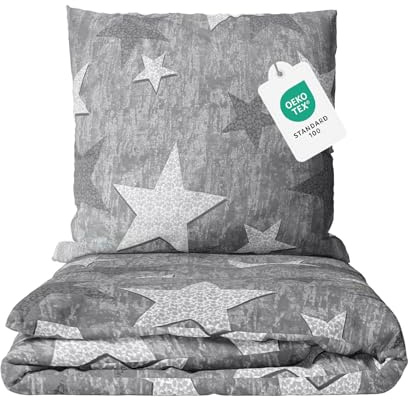 Class Home Collection Bettwäsche 135x200 cm - 2-teiliges Renforce Bettwäsche-Set aus Baumwolle mit Reißverschluss, Stars Design in Grau, für Einzel- und Doppelbetten