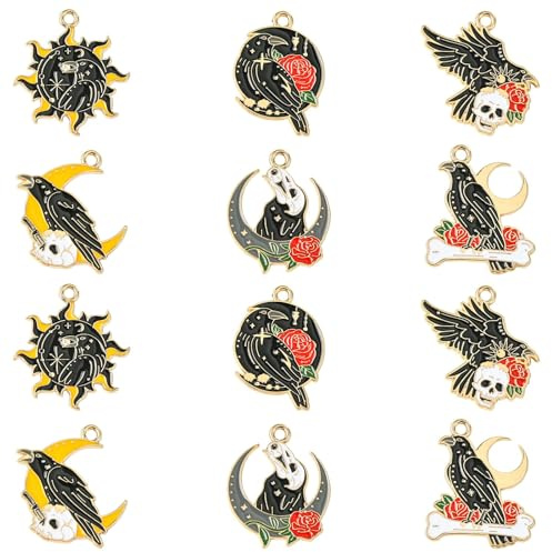 Stiesy 30 Stück 6 Stile Gothic schwarze Krähe Charms mit Totenkopf Sonne Mond Emaille Rabe mit roter Rose Charm Anhänger Vogel Tier baumeln Charms Bulk für Schmuckherstellung DIY Armband Basteln