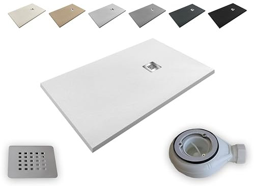 Plato de Ducha Resina Aligerado Extraplano Aligeres® -Todas las medidas disponibles -Antideslizante Textura Pizarra - Incluye Válvula desagüe+Rejilla (BLANCO RAL 9003, 70x160)