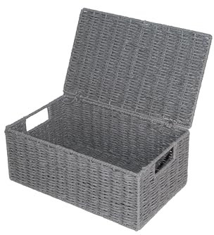 Wickerfield Handwoven Paper Rope Storage Box with Lid for Home Office Organisation Storage Basket (Grey, Medium)