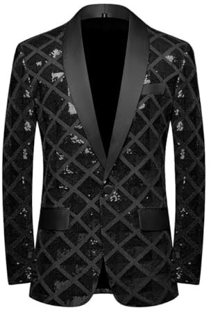 CARFFIV Men's Sequin Shiny Stereoscopic Pattern Prom Suit Jacket One Button and Blazers Tuxedo for Wedding Banquet,Black,L