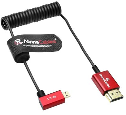 Alvin's Cables Câble spiralé micro HDMI 8K 2.1 à angle droit vers HDMI ultra fin pour Atomos Ninja V, 8K @ 60 Hz 4K @ 120 Hz haute vitesse pour Sony A7RIII A7II A7M3, pour Canon R5 M6
