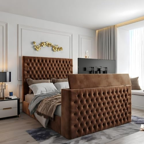 Urban Craft Ottoman Storage TV Bed with Remote Mechanism included Storage Buttoned Styles 4 Multiple Sizes 6 Colors Luxury Bed Accomodate upto 50 Inch TV (Plush Mink, King)