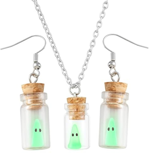 IAndhy 3-Piece Halloween Earrings Set, Gothic Bottle Design Earrings And Necklace Set With Glow Effect, Spooky Gifts For Women, Halloween Jewelry, 4cm Bottle With 50cm Chain