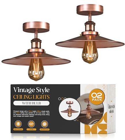 LEDSone Pack of 2 Ceiling Lights Fixture Industrial LED Ceiling Chandeliers Metal Copper Lampshade Easy Fit E27 Base Farmhouse Semi Flush Lighting for Kitchen,Hallway, Bedroom, Living Room EPC A+