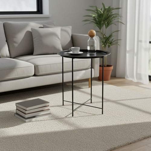 INDE MOBLEKIT | Mesa Auxiliar Redonda 46.8x46.8x50.2 cm Plegable con Bandeja Extraíble, Mesita Multiusos Negra Acabado Mate para Salón, Sofá, Terraza o Recibidor