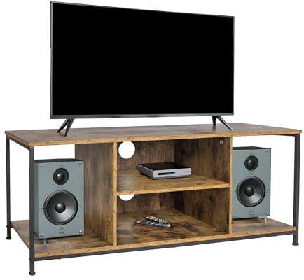 Relaxdays TV-Lowboard, 4 Fächer, offen, TV-Regal bis 55 Zoll, Kabelöffnung, Industrial Stil, Fernsehtisch, braun/schwarz