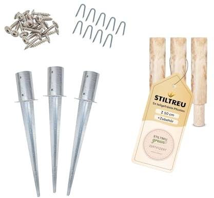 STILTREU 3 Stk. teilgefräste Pfosten aus Kastanie, Länge 50 cm, Durchmesser 8 cm inkl. Einschlaghülsen, Schrauben und Krampen