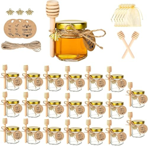 elthmpr 20 Stück 45ml Glas Honiggläser mit Deckel, Klein Honig Glasgläser mit Honiglöffel, Geschenktüten, Etiketten und Schnur, Honiggeschenke für Kräuter, Gewürze, Handwerk, Marmelade