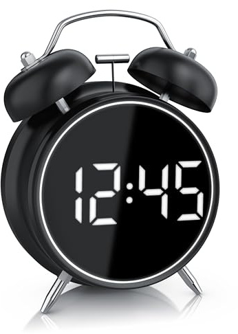CSL - Wecker digital - Retro Design – lauter Glockenalarm - LED Anzeige – Akustiksteuerung – Zeit und Datum – Schlummerfunktion – Batteriebetrieb oder USB - ohne Ticken - schwarz
