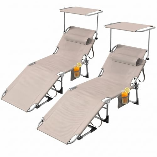 Kidsgigglz 2er Set Sonnenliege klappbar mit Dach, Gartenliege 194 x 67,5 x 29 cm, Liegestuhl mit Verstellbarer Rückenlehne & Kopfkissen, Faltbare Campingliegefür Strand-Pool-Garten, bis 120 kg, Khaki