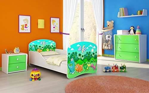 CLAMARO 'Traumland' Motiv Kinderbett 80 x 160 cm inkl. Matratze und Lattenrost, Kantenschutzleisten und Rausfallschutz, Motiv: 30 - Dinosaurier Motiv