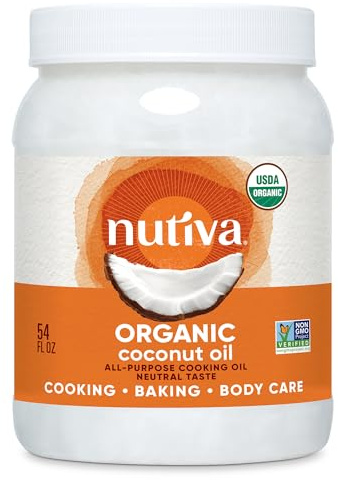 Nutiva Organic Steam-Refined Coconut Oil, 54 Fl Oz, USDA Organic, Non-GMO, Vegan, Keto, Paleo, Neutral Flavor and Aroma for Cooking & Natural Moisturizer for Skin and Hair