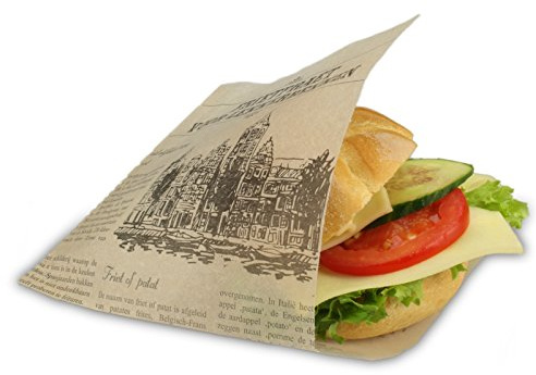 1000 Snacktüten Snacktaschen/Dönertaschen, To Go-Snackbeutel, Sandwich Taschen, 16x15cm, braun 2-seitig offen, Perga-Ersatz - ZeitungsmotivLekkerbekken