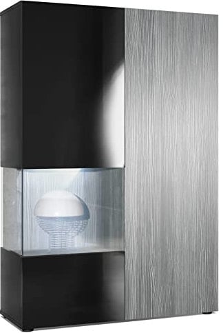 Vladon Vitrine Kommode Hochschrank Morena, Made in Germany, Korpus in Schwarz matt/Rechte Tür und der Einsatz in Avola-Anthrazit, inkl. LED Beleuchtung