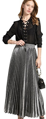 Milya Damen Lang A-Linie Plisseerock Maxi Faltenrock Blingbling L Grau