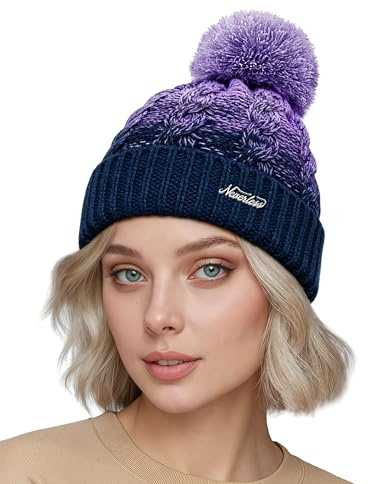 Neverless Strick-Mütze Damen Grobstrick Pudel-Mütze zweifarbig Ombré Bommel-Mütze Winter-Mütze