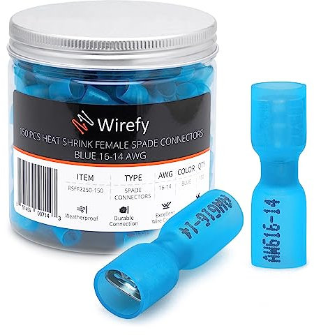 Wirefy Blaue Schrumpfverbinder Flachsteckhülsen Isoliert - Kabelschuhe Weibliche Flachstecker Sortiment - Quetschverbinder Kfz - 1,5-2,5 mm² - 150 Stück