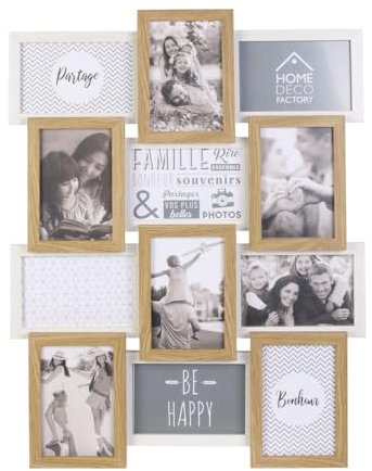 HOME DECO FACTORY HD4218 - Portarretratos múltiple (12 fotos, madera, tablero de fibra de densidad media, vidrio, 44 x 3 x 58 cm, para recuerdos y decoración), beis y blanco