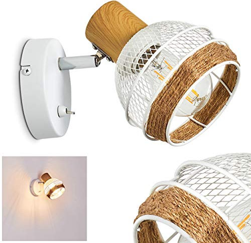 Applique murale Bariloche en bois, raffia & métal blanc, spot mural pivotant avec interrupteur intégré et effet lumineux au mur par l'abat-jour grillagé, pour 1 ampoule E27, ampoule(s) non incluse(s)