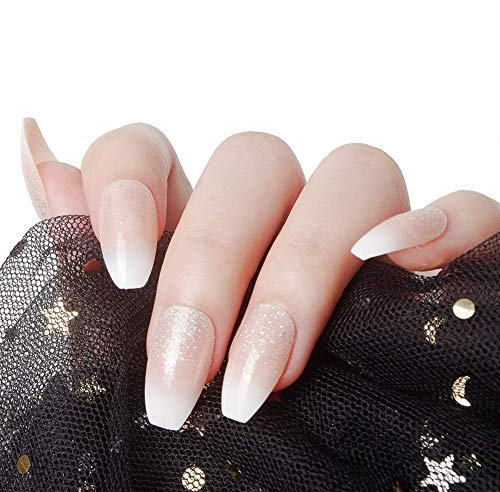 Laza 24 Stück Ombre French Fake Nails Ballett Sarg Ballerina Full Cover Glitzer Gradient Medium Acryl Nagel Kits Sets mit Kleber Tabs Nagelfeile Holzstab für den täglichen Gebrauch - Glitzer Perle