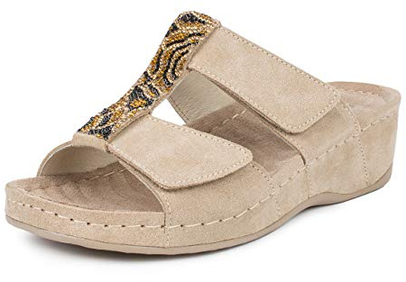 Jürgen Hirsch Damen Leder-Pantolette Vita 01 mit Massage-Fußbett | Breite Klettverschlüsse, Bequem-Weite, Leder-Innensohle mit Massagewellen und stoßdämpfende Sohle für hohen Komfort.