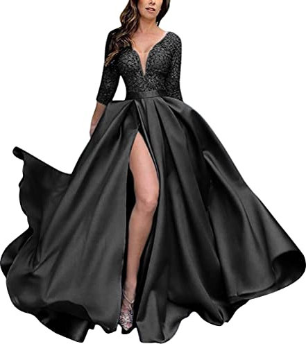 Onsoyours Damen Spitze Off Shoulder Plissee Kurzarm Schlitz Elegante Maxikleid Partykleid Abendkleid B Schwarz L