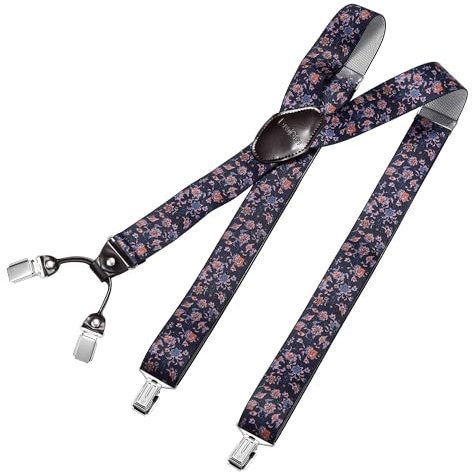 DonDon Hosenträger Herren extra stark Blumen-Motiv 3,5 cm Hosenträger Herren breit mit brauem Leder in Y-Form lang - Starke Clips passend für Anzug Jeans Chinos Vintage Rockabilly Suspenders