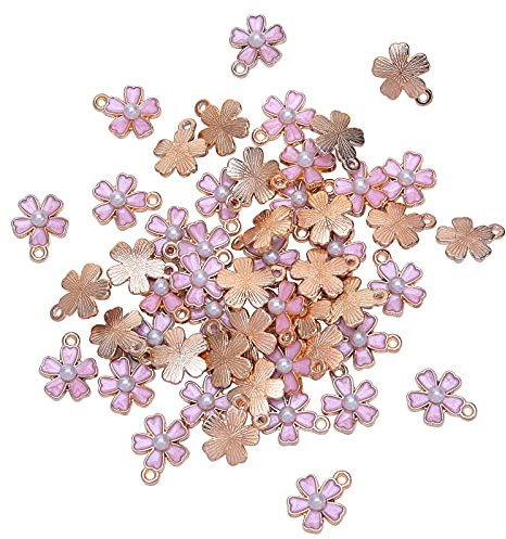 Airssory 100 Pcs Pink Cherry Blossom Flower LightGold Tiny Charms Enamel Charms with ABS Plastic Imitation Pearl for Women Girl Jewellery Making - 14.5x11.5mm