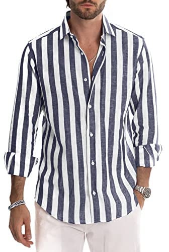 Meilicloth Men's Cotton Linen Long Sleeve Button Down Shirts Casual Dress Going Out Men Tops Regular Fit Navy Blue