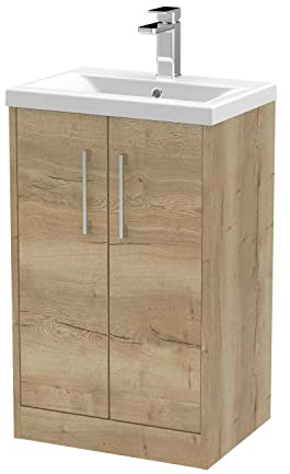 Hudson Reed JNU1801A Juno Modern Bathroom Floor Standing 2-Door Vanity with Mid-Edge Ceramic Basin, 500mm, Woodgrain Autumn Oak