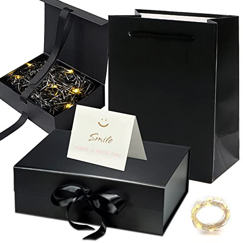 Geschenkbox mit Deckel,Geschenkbox Mit Schleife,Dekorative Box,LED-Lichterkette,Raffia Hamper Shreds,Geschenk Verpackungsbox für Hochzeit Geburtstag(Schwarz)