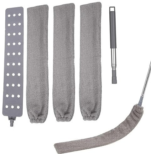 Gamrong - Plumero telescópico lavable, con 2 paños lavables y varilla telescópica de acero inoxidable, plumero de microfibra