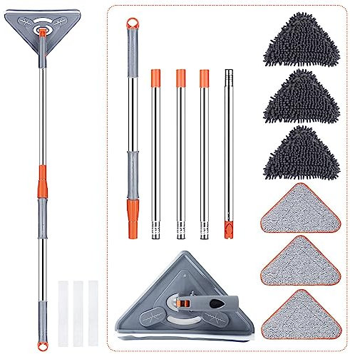 Foribyw 360° Rotatable Wall, Ceiling & Floor Cleaner Mop with 98in Extendable Stainless Steel Handle, Microfiber Pads, 6 Replacement Mops, 5 Poles, 3 Squeegee Strips