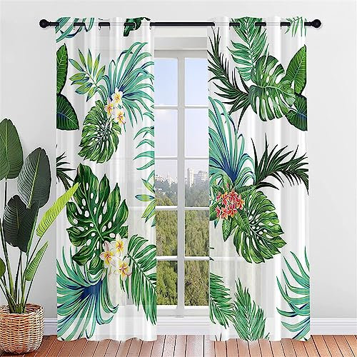 Hiseng Voile Vorhänge mit Ösen Durchsichtig Halbtransparent Ösenvorhang für Fenster Wohnzimmer Schlafzimmer Pflanzen Blätter Moderne Transparent Gardine 2er Set (140x244cm,Frangipani)