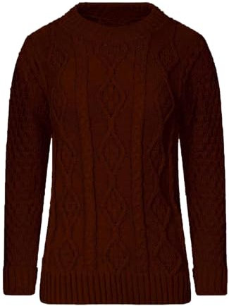 STAR FASHION Cable Knitted Crew Neck Jumper Long Sleeve Womens Aran Knit Jumpers Sweater Pullover Top Brown SM