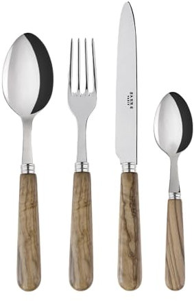 Sabre Paris | Ensemble de 4 couverts de table Lavandou, couleur Bois d'Olivier. Comprend couteau, fourchette, cuillère à soupe et petite cuillère en Acier Inoxydable et manche en bois d'Olivier.